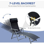 7-level adjustable backrest folding lounge chair with headrest, black mesh and gray armrest