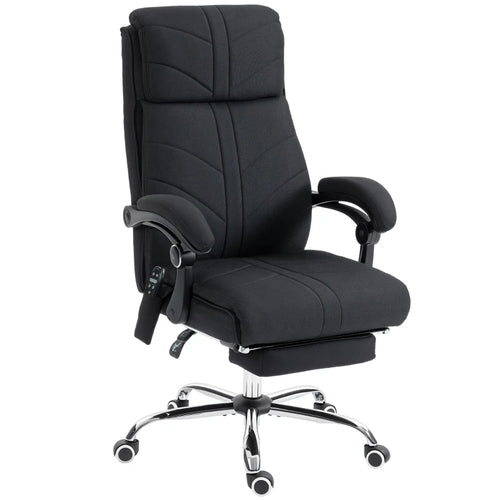 Black high-back massage office chair with footrest and padded armrests