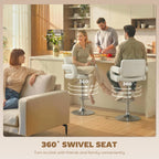 Two white 360° swivel bar stools with padded backrest and armrests