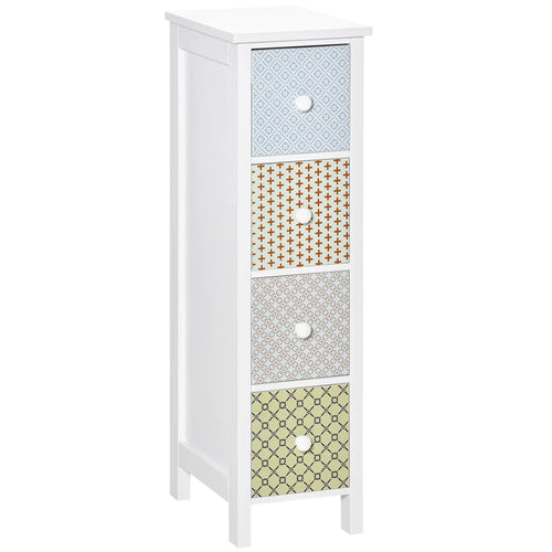 White tall 4-drawer storage cabinet with patterned drawer fronts and round knobs.