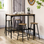 Rustic brown bar table with four black metal stools in a kitchen setup
