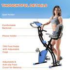 Exercise bike with phone and tablet holders, cushioned backrest, and adjustable pedal cages