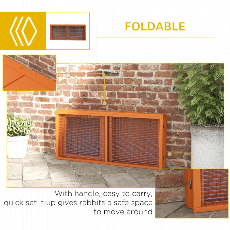 Foldable orange rabbit hutch with wire mesh panels and carry handle.