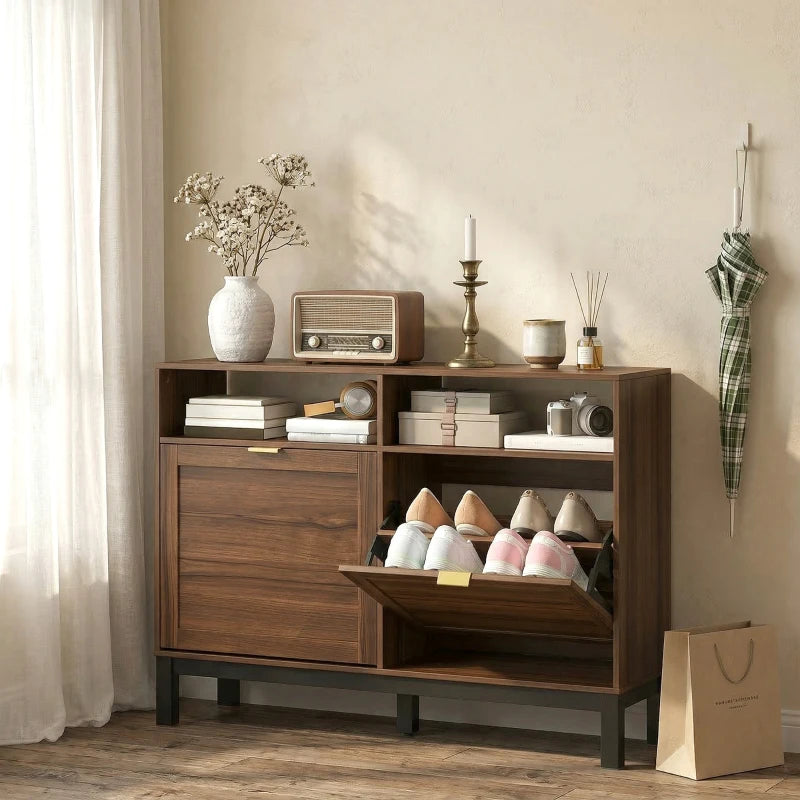 Rustic brown shoe storage cabinet with open right compartment and shoe pairs on shelves