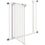 White adjustable pet safety gate frame with vertical bars and end mounting hardware