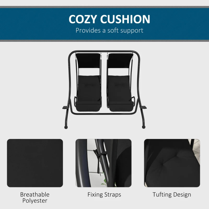 Black two-seat garden swing chair with removable cushions and quilted backrest design