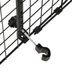 Black pet car barrier hardware close-up with tightening bar and hook clip