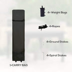 Black carry bag for pop-up gazebo with included weight bags, ropes, and stakes shown