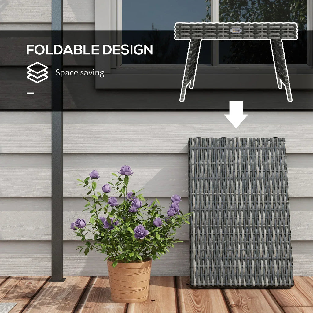 Foldable Outdoor Side Table, Rattan Garden Coffee Table with Steel Frame, Space Saving Bistro Garden Furniture for Patio, Balcony, 60 x 41 x 41 cm, Mixed Grey - Bobobiy