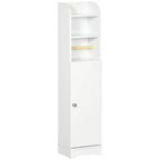 White narrow bathroom cabinet with open shelves and a lower storage door