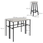Grey bar table with black steel legs and round stool; size diagram view