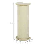 Beige tall cat scratching post, round plush top and base on sisal rope column