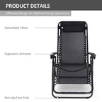 Black folding recliner chair with detachable head pillow, armrests and non-slip foot pads