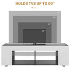 White TV cabinet holding up to 60-inch TVs, open shelves with integrated LED light bar