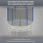 Grey trampoline safety net with blue poles, round enclosure for 10ft/305cm trampolines