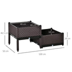 Brown raised plastic planter pair with diamond texture, legs, and overall size markings