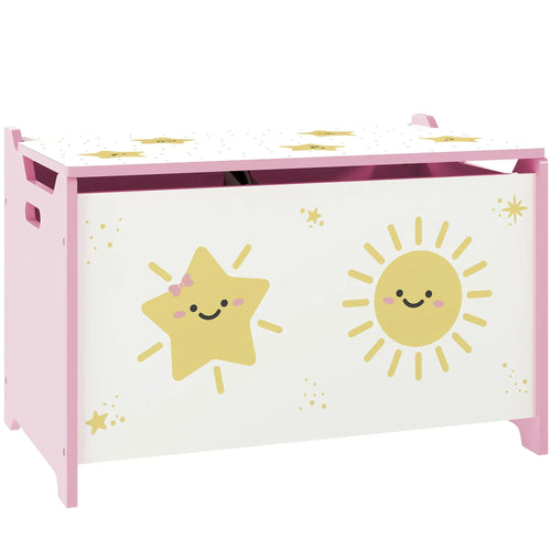 Pink toy storage box with hinged lid; front has star and sun face decals