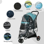 Pet stroller with teal canopy and clear rain cover, mesh window and safety leash