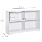 White wooden cube bookcase with open 4-compartment storage and two-tier shelving.