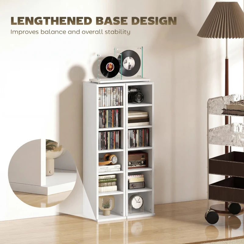 White CD storage rack tower with lengthened base design for stability
