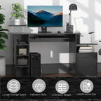 Black computer desk with open shelves, side cabinet drawers, and monitor stand space