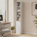 White wood-effect tall narrow bookcase with open shelves and ribbed cabinet base