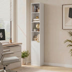 White wood-effect tall narrow bookcase with open shelves and ribbed cabinet base
