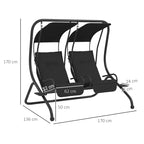 Black two-seat garden swing chair with canopy, on curved metal stand; size view