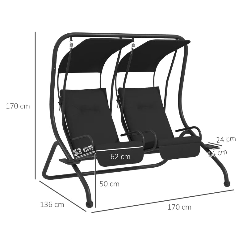 Black two-seat garden swing chair with canopy, on curved metal stand; size view
