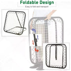 Black foldable rebounder net goal with white mesh and compact frame