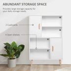 White bookcase with two cupboards and open shelves, wooden handles, and tall wooden legs