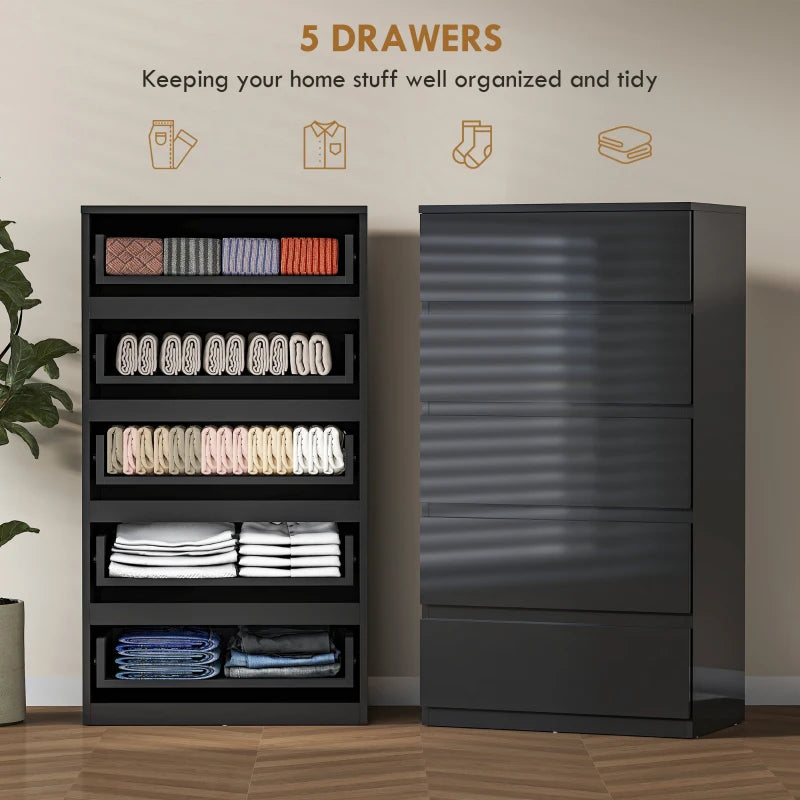 High-gloss black 5-drawer cabinet with open drawer compartments showing organized interiors.