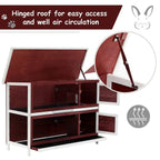 Two-tier wooden guinea pig hutch with hinged roof open, showing brown interior and mesh panels