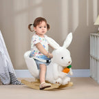 White rabbit-shaped rocking horse with safety belt, plush rabbit head, and wooden rockers