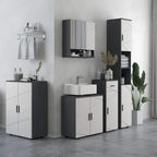 Light grey bathroom vanity storage cabinet set with double doors and dark side panels