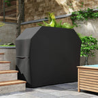 Black protective grill cover with smooth lid and side panel overlap for full coverage.