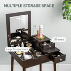 Black makeup vanity table with flip-up mirror, multiple compartments, and two drawers