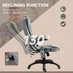 Grey reclining massage chair shown at 130° with remote controller on armrest