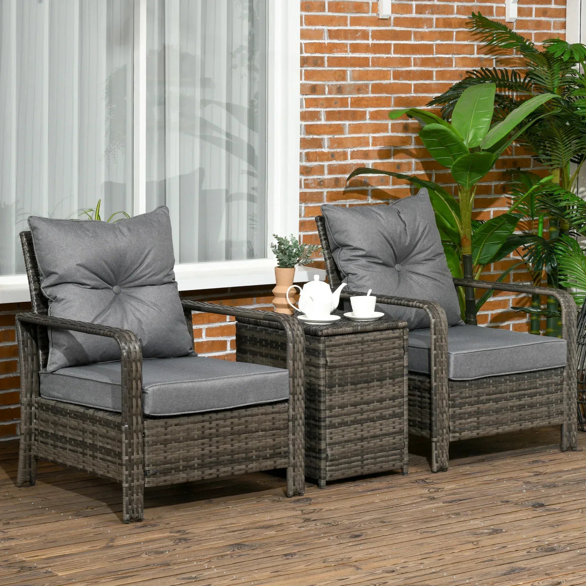 3 Pieces Rattan Bistro Set, Wicker Garden Furniture Set with Storage Coffee Table and Chairs, Thickened Cushions for Outdoor, Patio, Balcony, Grey - Bobobiy