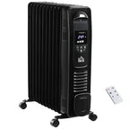Black oil-filled radiator electric heater with digital control panel and caster wheels