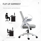 Grey mesh desk chair with flip-up armrest design and swivel base with casters