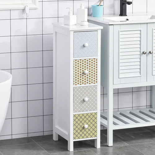 White bathroom storage cabinet with four patterned drawers and round knobs beside sink.