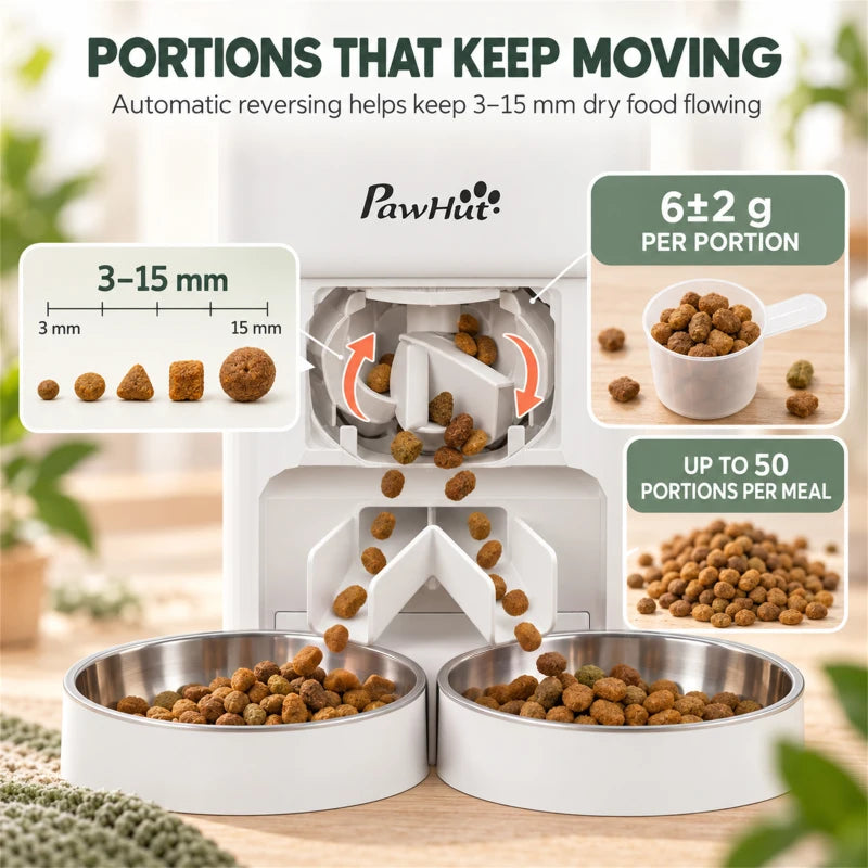 White 7L automatic cat feeder, open inner rotating dispenser with two stainless bowls