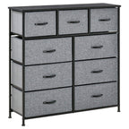 Grey fabric dresser with 9 drawers, black metal frame, and curved black handles