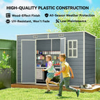 Grey resin garden shed with side window and open doors showing shelves.