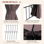Brown gazebo curtain details: single touch straps, ground nails, and hook-and-loop