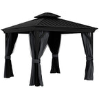 Dark grey hardtop gazebo with open sides and hanging curtain panels, zippered entrances