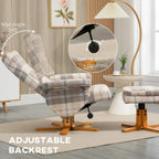 Swivel recliner chair with adjustable 145° backrest, plaid linen-look fabric and footstool