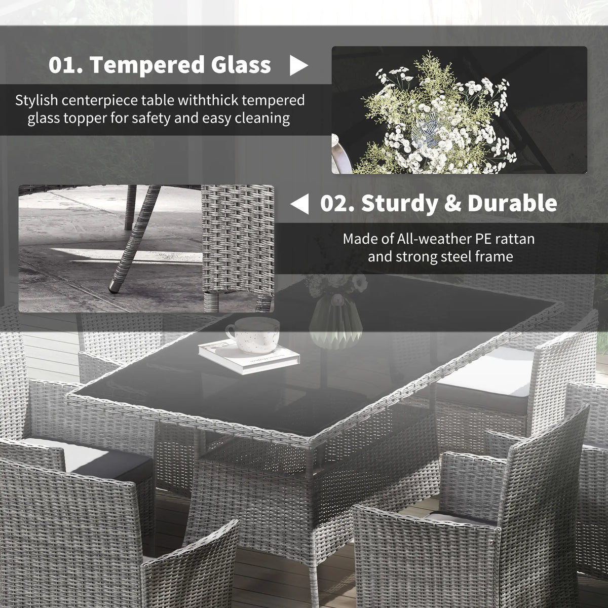 Outsunny 7-Piece Rattan Garden Set with Cushions, 6-Seater Garden Table and Chairs, Rattan Dining Set with 6