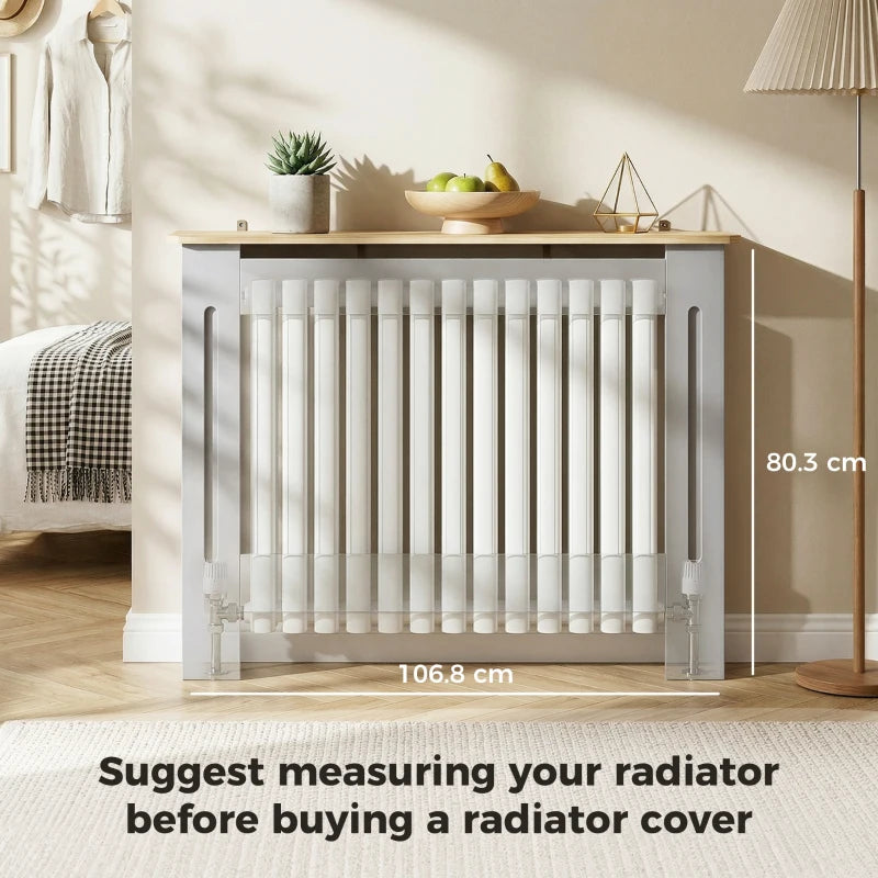 Grey radiator cover cabinet with vertical slat grill, light wood top shelf and legs
